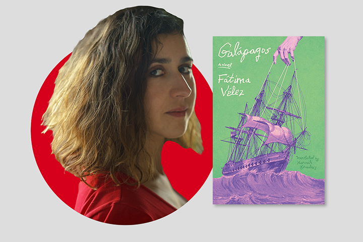 A woman with wavy brown hair and a red top stands in front of a red circle, next to the cover of a book titled Galápagos by Fátima Vélez, featuring a purple illustration of a ship on green background.