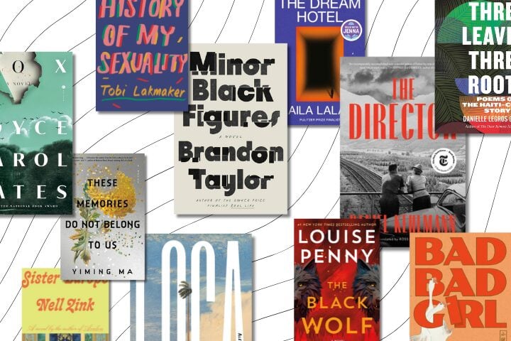 A collage of various book covers arranged in a scattered pattern against a wavy white background, featuring diverse titles and colorful designs.