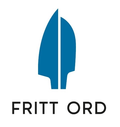 The logo features a stylized blue feather or pen nib split in half vertically, with the words FRITT ORD in black capital letters below it on a white background.