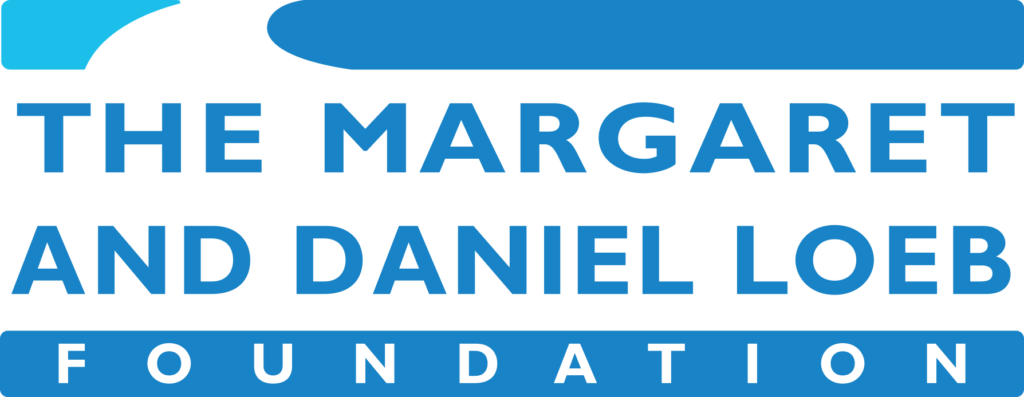 Logo for The Margaret and Daniel Loeb Foundation, with blue and white color blocks and bold blue text on a white background.