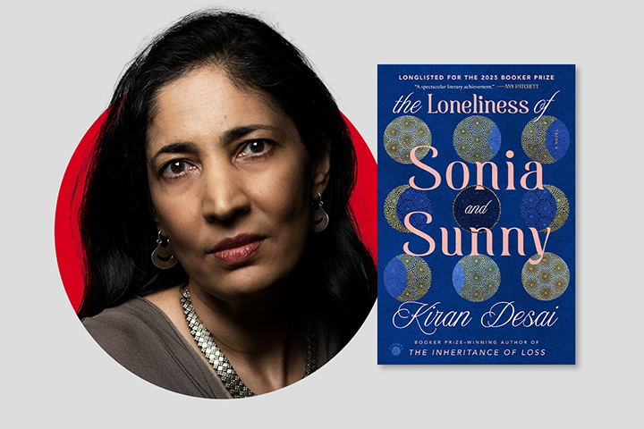 A woman with long dark hair and a serious expression appears beside the book cover for The Loneliness of Sonia and Sunny by Kiran Desai, featuring a blue background with gold and blue circular patterns.