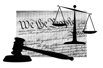 Silhouettes of a gavel and scales of justice are shown in front of a blurred image of the U.S. Constitution’s “We the People” text, symbolizing law and justice in America.