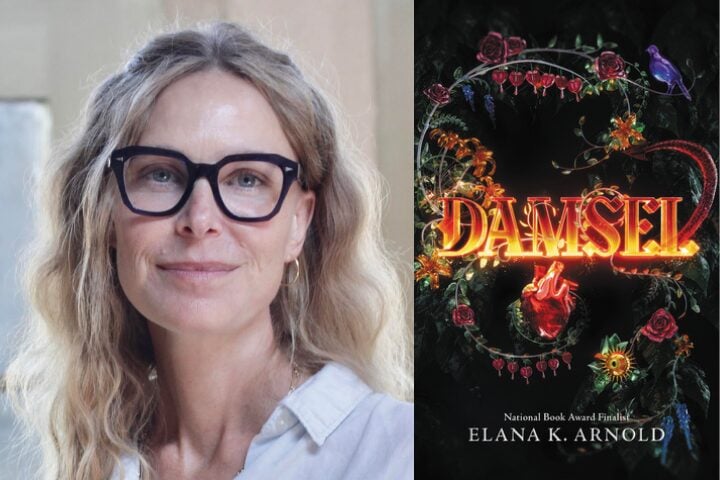 A woman with wavy blonde hair and black glasses smiles beside the cover of the book Damsel by Elana K. Arnold, which features ornate lettering and dark, floral, magical imagery.