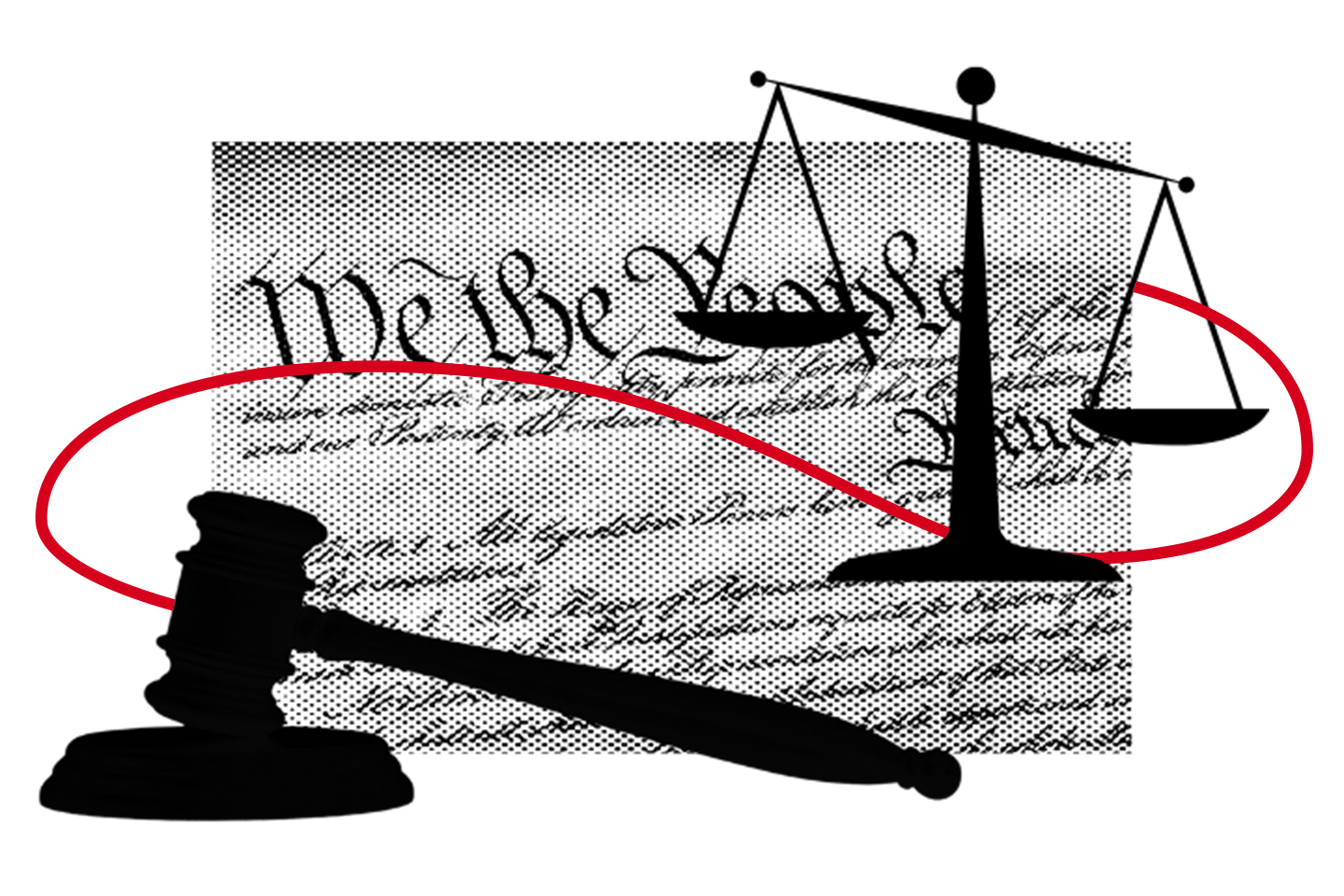 A gavel and scales of justice are shown in silhouette over a portion of the U.S. Constitutions We the People text, with a red curved line crossing the image.