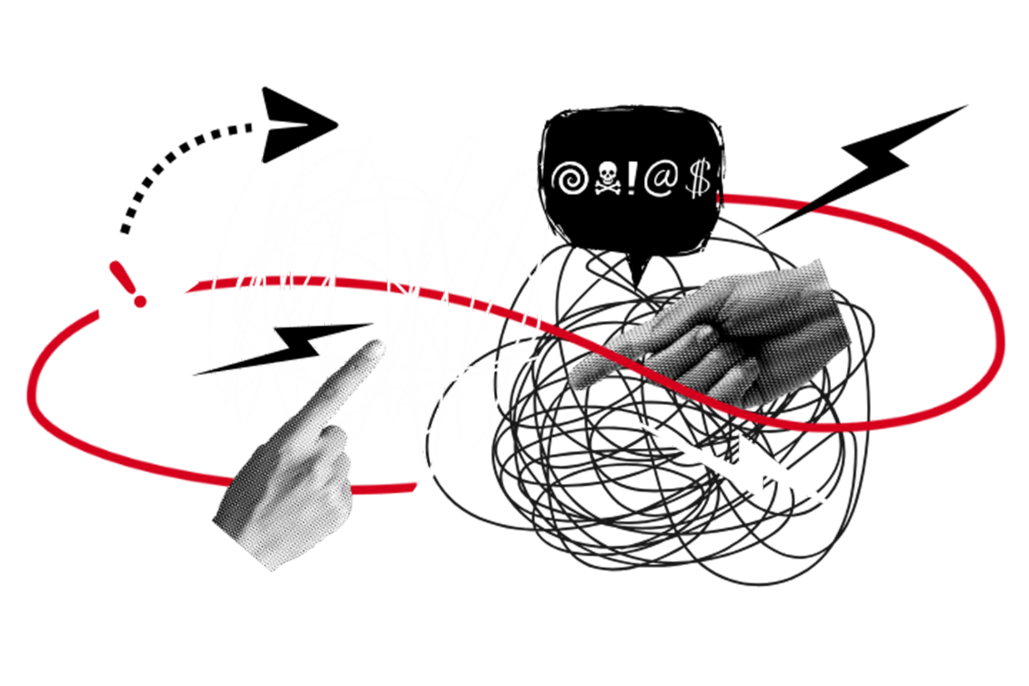 A collage with pointing hands, chaotic scribbles, red and black arrows, a warning symbol, and a speech bubble with symbols representing anger or swearing, illustrating conflict or miscommunication.
