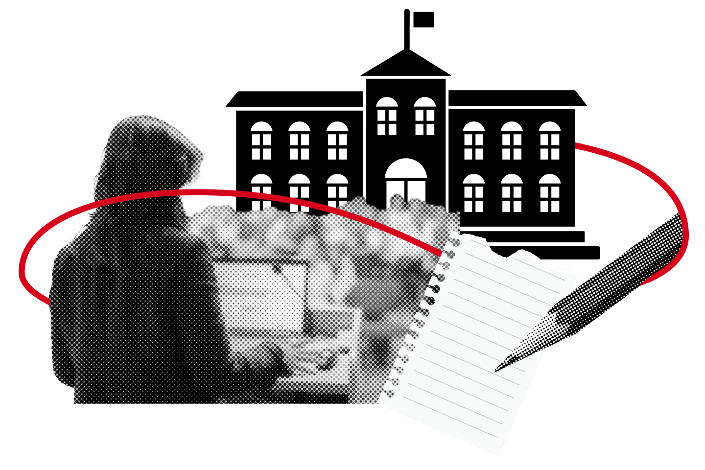 A black-and-white collage with a silhouette of a person using a laptop, a school building, a notepad, and a pen, all connected by a red curved line.