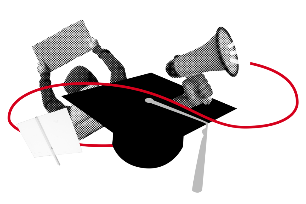 Black and white collage of a person holding a laptop, a hand holding a megaphone, a graduation cap with a tassel, an open book, and a red curved line connecting the elements on a white background.