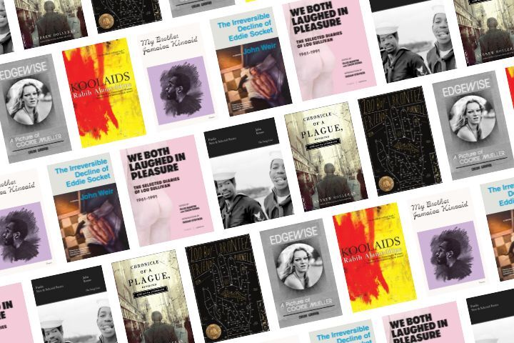 A patterned collage of various book covers featuring titles about HIV and AIDS, including “KoolAid,” “Edgewise,” and “We Both Laughed in Pleasure,” arranged diagonally against a white background.