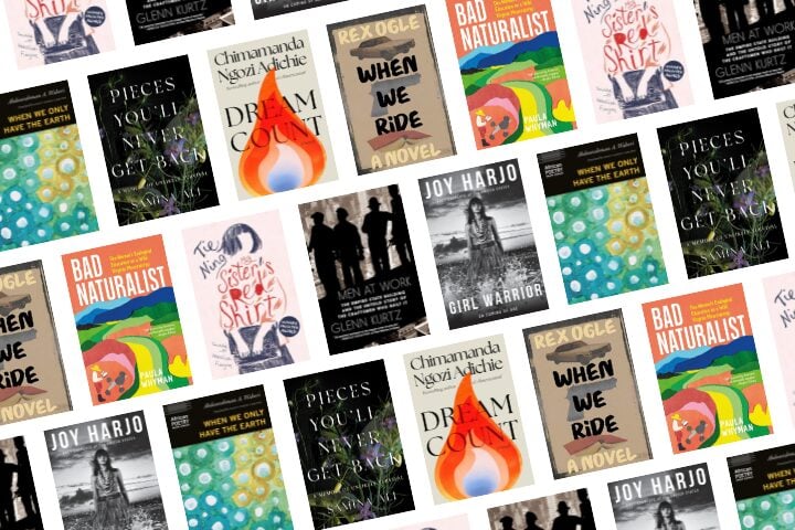 A repeated pattern of various book covers, including titles like When We Only Knew the Earth, Bad Naturalist, Dream Country, Girl Warrior, When We Ride, and Pieces Youll Never Get Back.