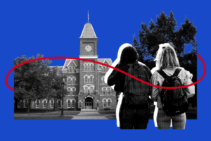 Two students with backpacks stand in front of a brick campus building with a clock tower. A red curved line loops around them against a blue background, with trees on either side of the building.