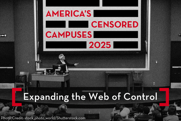 A speaker gestures toward a large screen in a university lecture hall. The screen reads “America’s Censored Campuses 2025,” with some words blacked out, above the phrase “Expanding the Web of Control.” An audience watches.