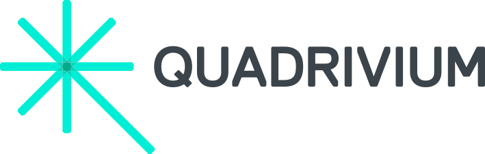 A turquoise geometric starburst design appears to the left of the word QUADRIVIUM in bold, dark gray capital letters on a light background.
