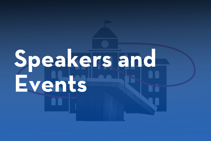 Text Speakers and Events appears in bold white letters over a blue gradient background, with a faint illustration of a building featuring a dome and stairway in the center.