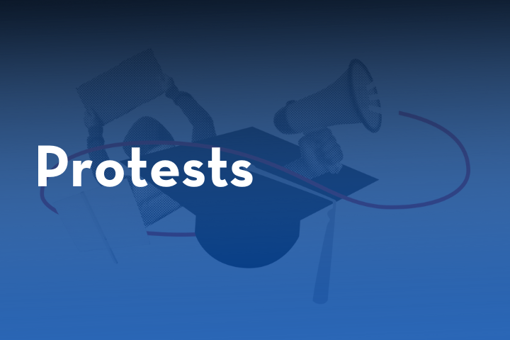 A graphic with the word Protests overlaid on images of a person holding a sign, a megaphone, and a graduation cap, all on a blue gradient background.
