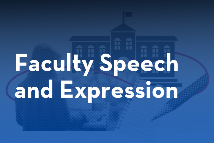 Text reading Faculty Speech and Expression over a blue background with outlines of a school building, a notepad, a pen, and a person speaking or teaching.