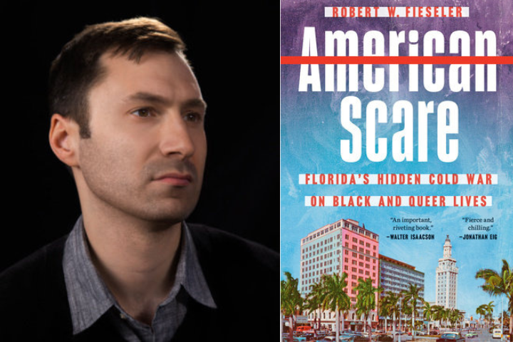 A man with short brown hair in a gray shirt and black jacket faces left against a dark background. Next to him is the book cover for American Scare, featuring Miami buildings and palm trees under a blue sky.