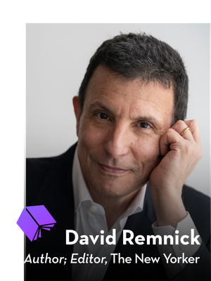 Portrait of David Remnick, resting his chin on his hand, wearing a suit jacket and white shirt. Text reads: “2026 Gala Literary Host. David Remnick, Author; Editor, The New Yorker.” Purple book icon in corner.