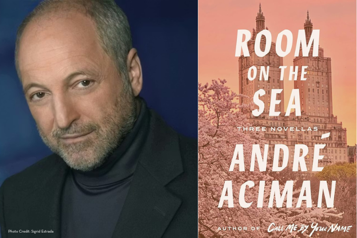 A split image featuring a portrait of André Aciman on the left and the cover of his book Room on the Sea on the right, showing a tall building and blossoming trees beneath the title text.