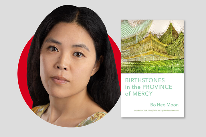 A woman with long dark hair looks at the camera, set against a red circle on a gray background. Next to her is the book BIRTHSTONES in the PROVINCE OF MERCY by Bo Hee Moon, featuring green and white artwork.