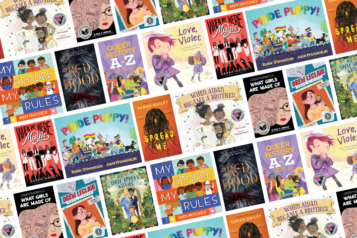 A collage of diverse childrens and young adult book covers, including titles like Queer History A to Z, My Gender Your Rules, Red, White & Royal Blue, Pride Puppy, and When Aidan Became a Brother.