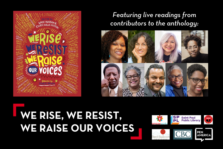 Book cover for We Rise, We Resist, We Raise Our Voices next to headshots of nine contributors, event sponsors’ logos, and text promoting live readings from anthology contributors.
