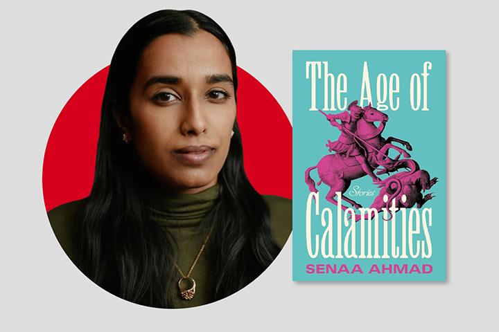 A woman with long dark hair and a gold necklace is shown next to the book cover for The Age of Calamities by Senaa Ahmad, featuring an illustration of a rider on a rearing horse.