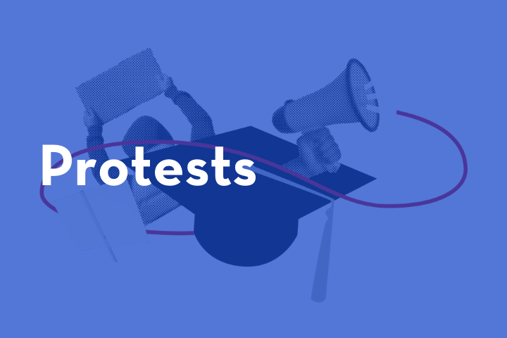 A blue-toned graphic featuring the word Protests overlaid on illustrations of a graduation cap, a raised fist holding a megaphone, and a person holding a protest sign.