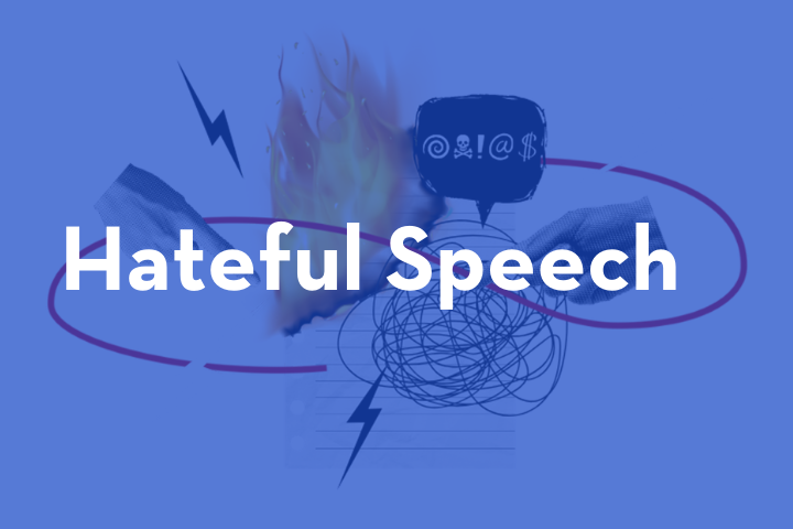 The words Hateful Speech appear over a collage of flames, lightning bolts, angry symbols, and scribbles, all set against a blue background.