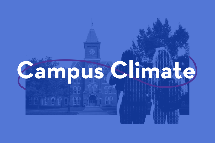 Two students with backpacks stand facing a large campus building with a clock tower; the words Campus Climate are written across the image on a blue background.