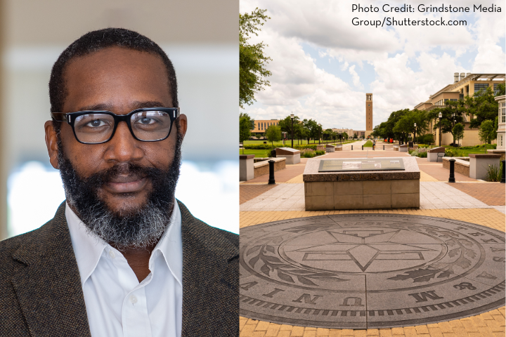 A man with glasses and a beard wears a brown jacket and white shirt (left), beside a view of a university campus with a star seal on the ground and a clock tower in the background (right). Photo credit: Grindstone Media Group/Shutterstock.com.