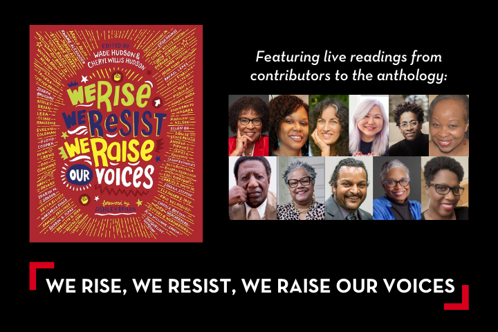 An event poster for We Rise, We Resist, We Raise Our Voices, showing the book cover and headshots of ten contributors with the text Featuring live readings from contributors to the anthology above them.