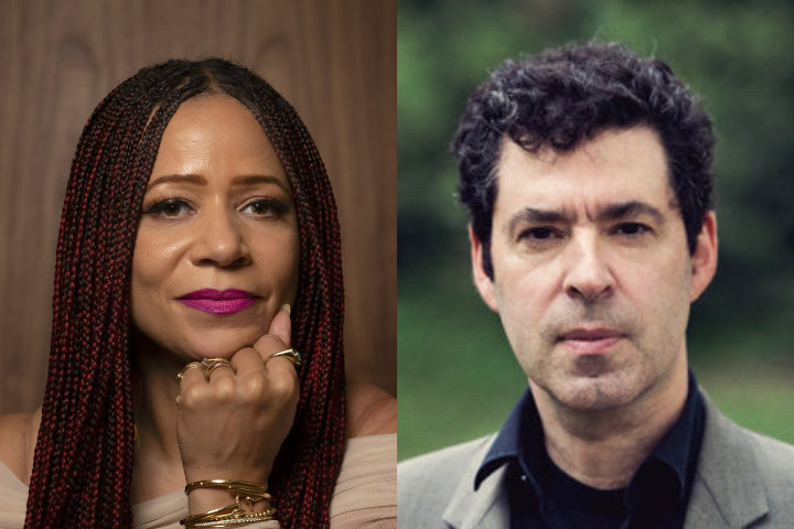 Two people in side-by-side portraits: on the left, a woman with long braided hair, wearing gold rings and bracelets, resting her chin on her hand; on the right, a man with short curly hair, wearing a light jacket outdoors.