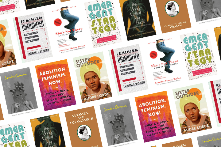 A collage of various feminist book covers, including titles like Sister Outsider, Emergent Strategy, Feminism Unmodified, Women and Economics, and others, arranged in a diagonal pattern.