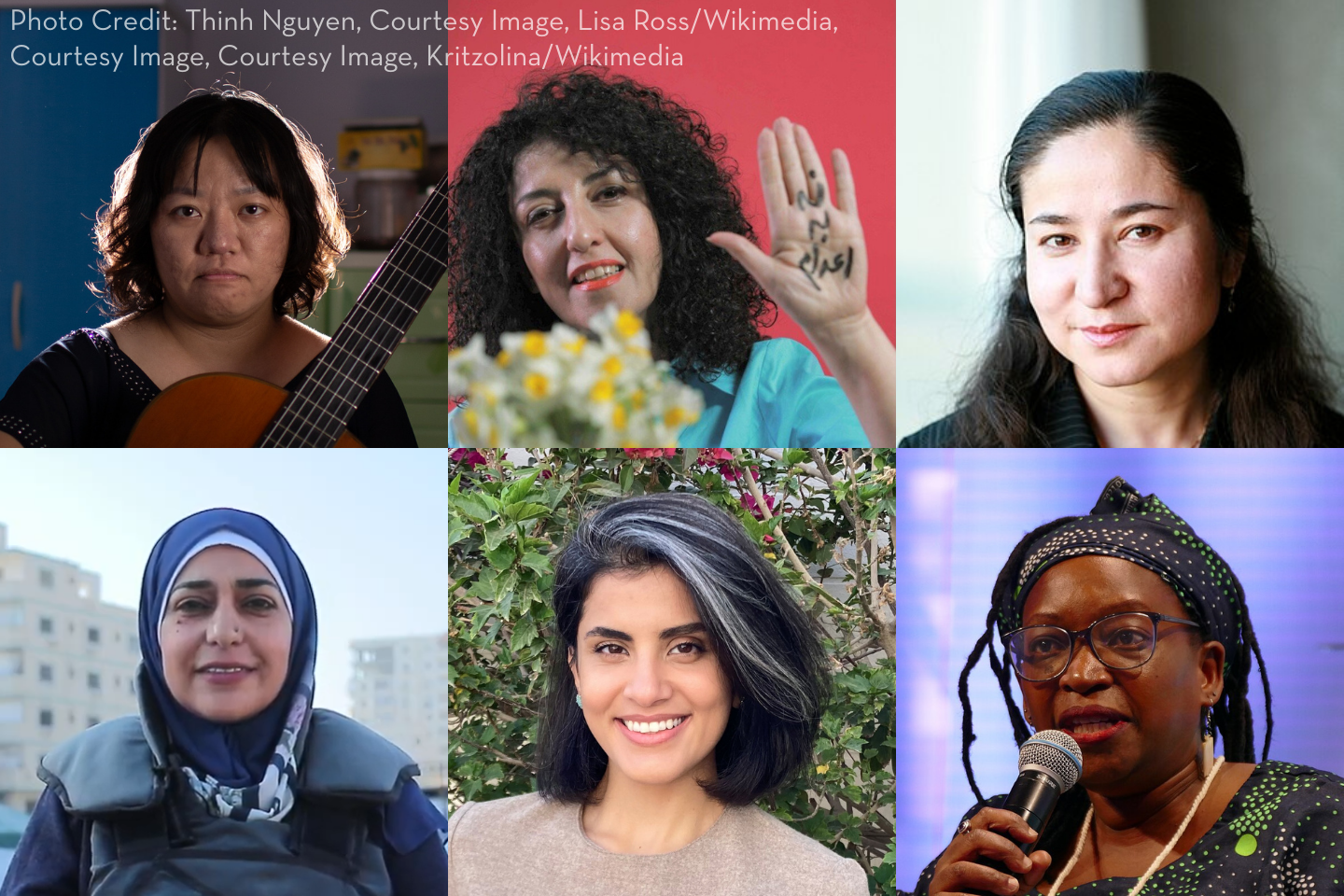 A collage of six women from diverse backgrounds, each facing the camera. Some are smiling, others have serious expressions. One holds a guitar, another has writing on her hand, and one speaks into a microphone.