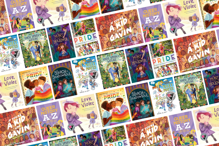 A colorful collage of LGBTQ+ themed childrens book covers, featuring diverse characters, rainbows, and titles like Queer History A-Z, A Kid Called Gavin, Love, Violet, and Pride.