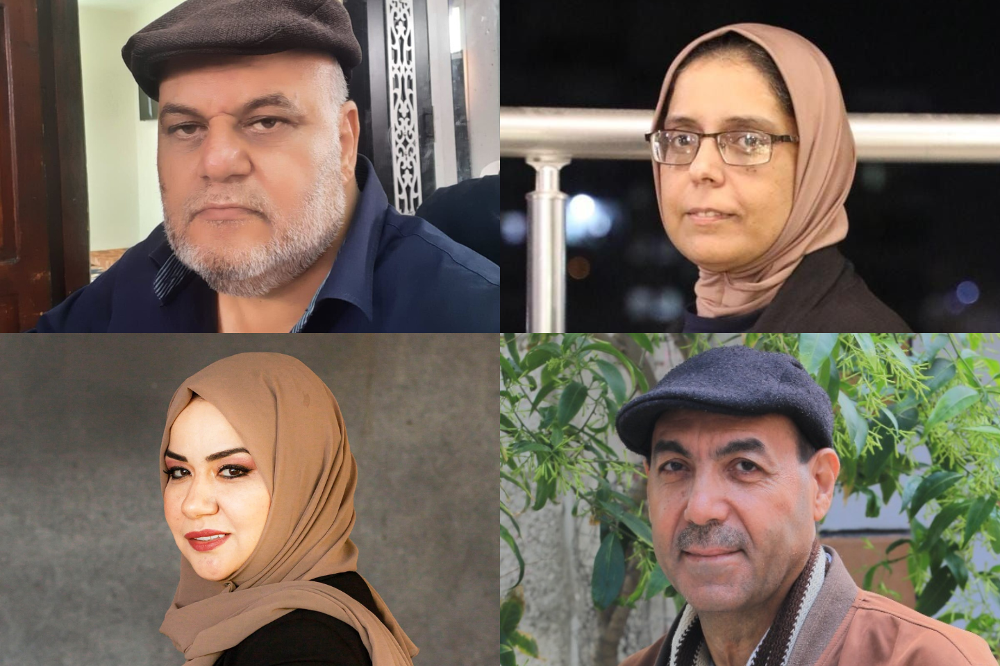 A collage of four adults wearing head coverings, two men in flat caps and two women in hijabs, all facing the camera and posing against different backgrounds.