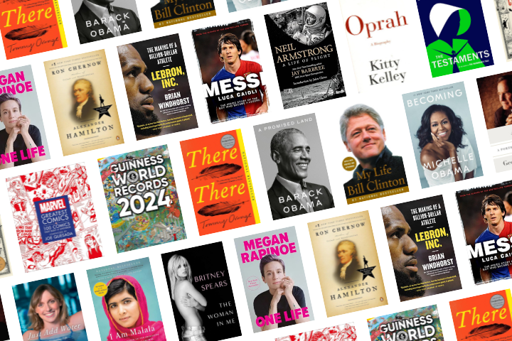 A collage of various book covers, including titles by Barack Obama, Malala Yousafzai, Oprah, Bill Clinton, Michelle Obama, Guinness World Records 2024, Marvel comics, and more, arranged diagonally on a white background.