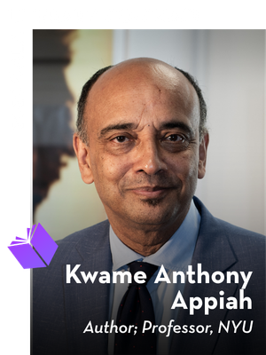 A man in a suit smiles slightly at the camera. Text on the image reads: “2026 GALA, LITERARY CO-CHAIR, Kwame Anthony Appiah, Author; Professor, NYU.” An illustrated purple book appears on the lower left.