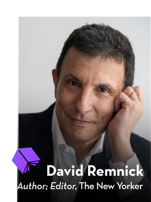 A man with short dark hair in a suit jacket rests his face on his hand, looking at the camera. Text reads: 2026 Gala Literary Co-Chair. David Remnick, Author; Editor, The New Yorker.
