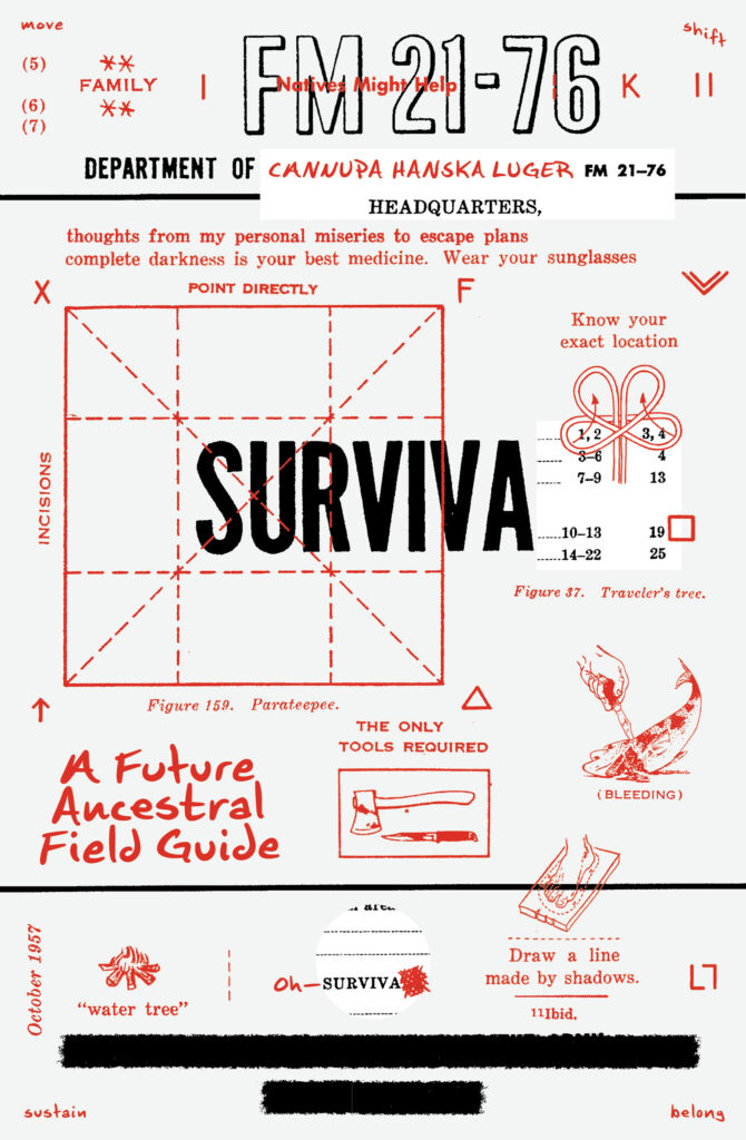 A collage-style poster titled FM 21-76: A Future Ancestral Field Guide features bold text, sketches of hands, a heart, a rabbit, symbols, numbers, and handwritten phrases about survival and darkness. Colors: red, black, and white.