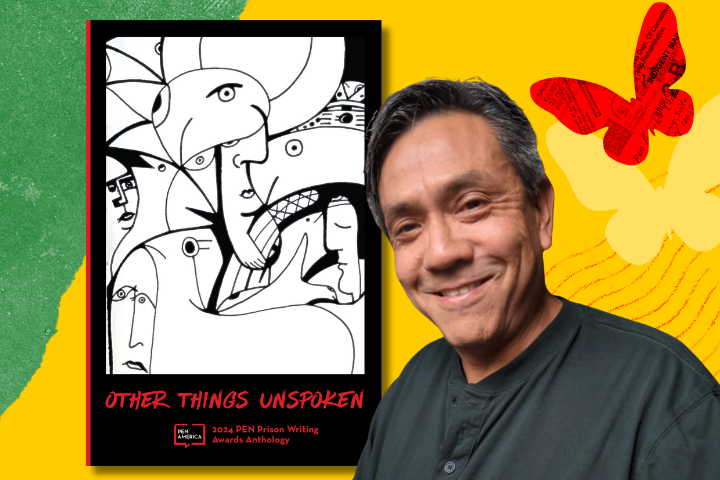 A smiling man stands in front of colorful shapes and an abstract black-and-white book cover titled Other Things Unspoken: 2024 PEN Prison Writing Awards Anthology.