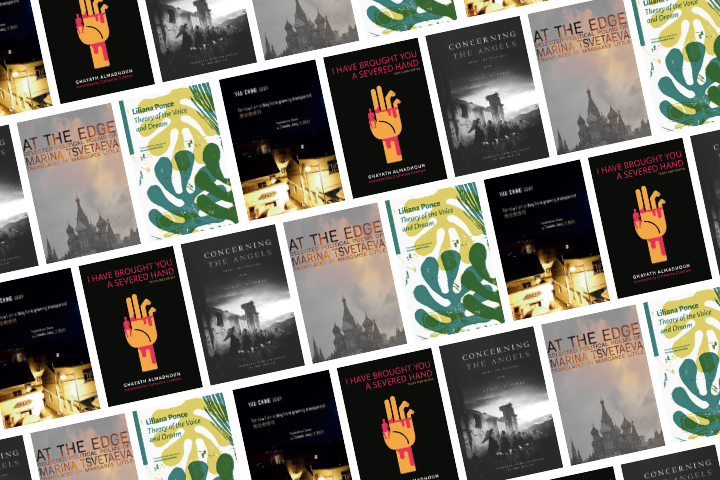 A diagonal grid of book covers featuring four different titles. Designs include a yellow hand illustration, a green pattern, a black-and-white cityscape, and a dark cover with white text. The covers repeat in a diagonal arrangement.