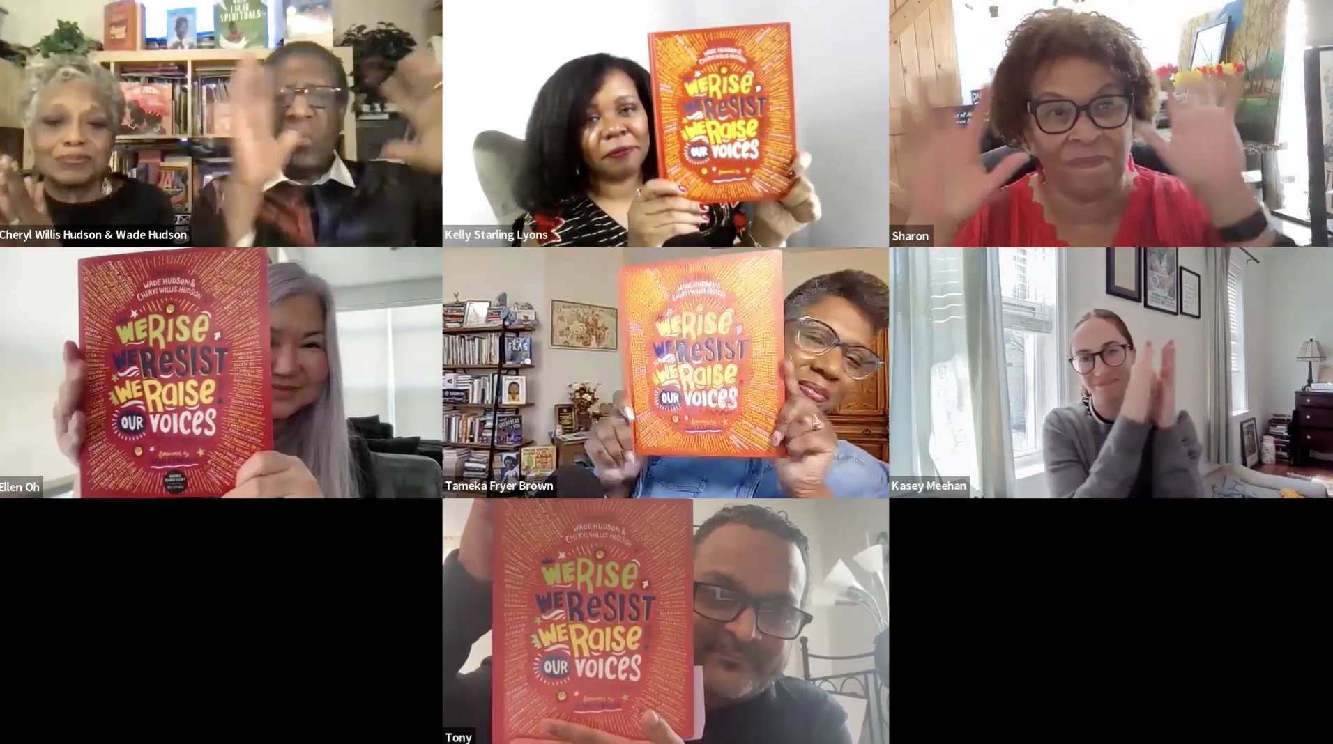 A Zoom call with eight people smiling and waving. Three participants hold up a colorful book titled We Rise, We Resist, We Raise Our Voices. Bookshelves and home decor are visible in the background.