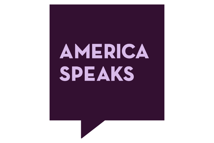 A dark purple speech bubble on a light background contains the words AMERICA SPEAKS in bold, light purple capital letters.