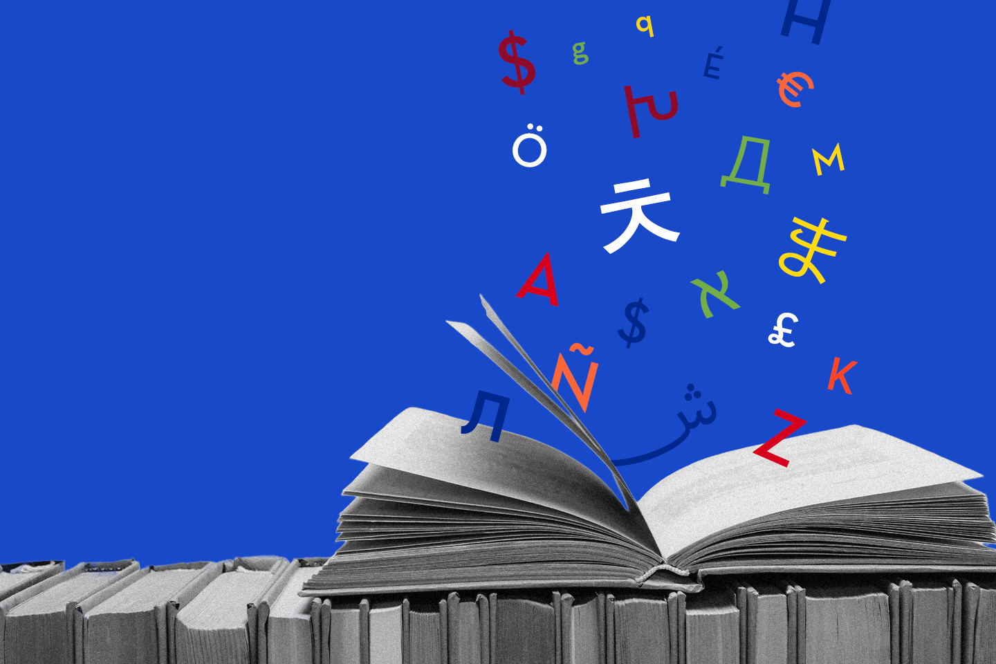 An open book rests on a row of closed books, with colorful letters and symbols from different languages floating upward against a solid blue background.