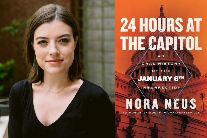 A woman with shoulder-length brown hair and a black top is smiling slightly, next to the cover of the book 24 Hours at the Capitol by Nora Neus, featuring the U.S. Capitol dome and bold orange text.