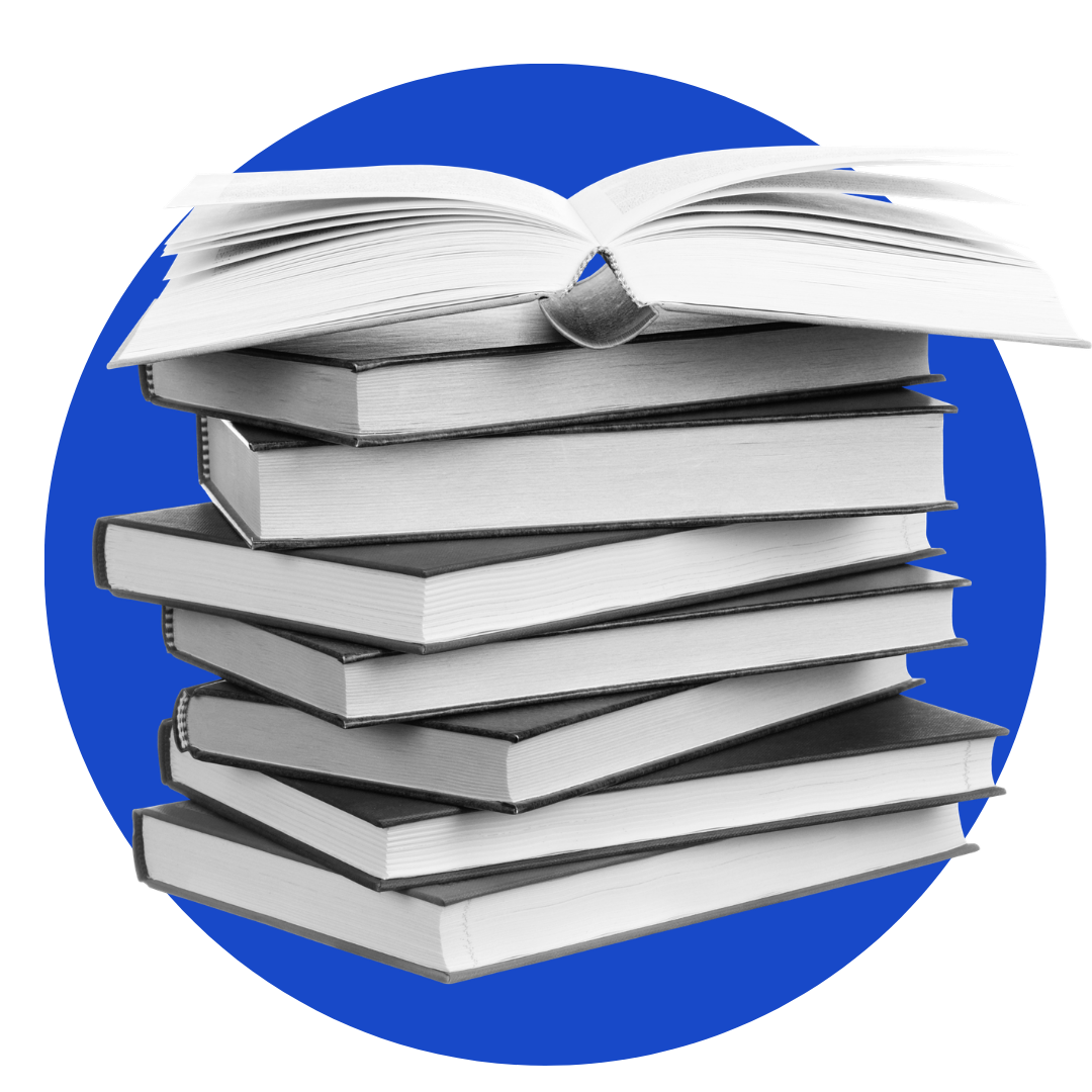 A stack of closed books with an open book on top, all placed against a solid blue circular background.