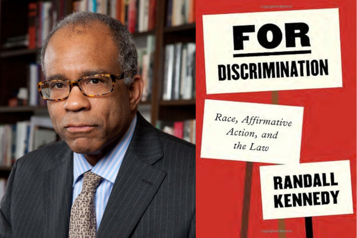 A man in a suit and glasses stands in front of bookshelves. Next to him is the cover of a book titled For Discrimination: Race, Affirmative Action, and the Law by Randall Kennedy.