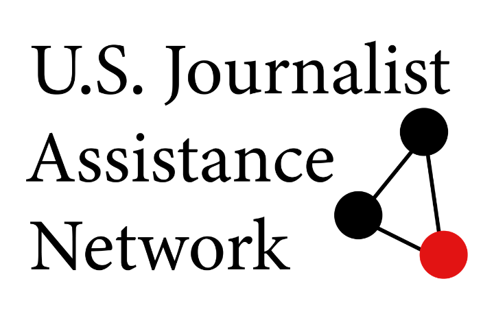 Logo for the U.S. Journalist Assistance Network featuring the name in black text and a graphic of three connected circles, two black and one red, forming a triangle on the right.