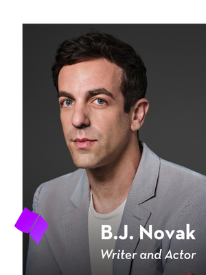 Portrait of B.J. Novak in a light gray blazer, labeled as Master of Ceremonies for the 2026 Gala. Text at the bottom reads B.J. Novak, Writer and Actor on a gray background.